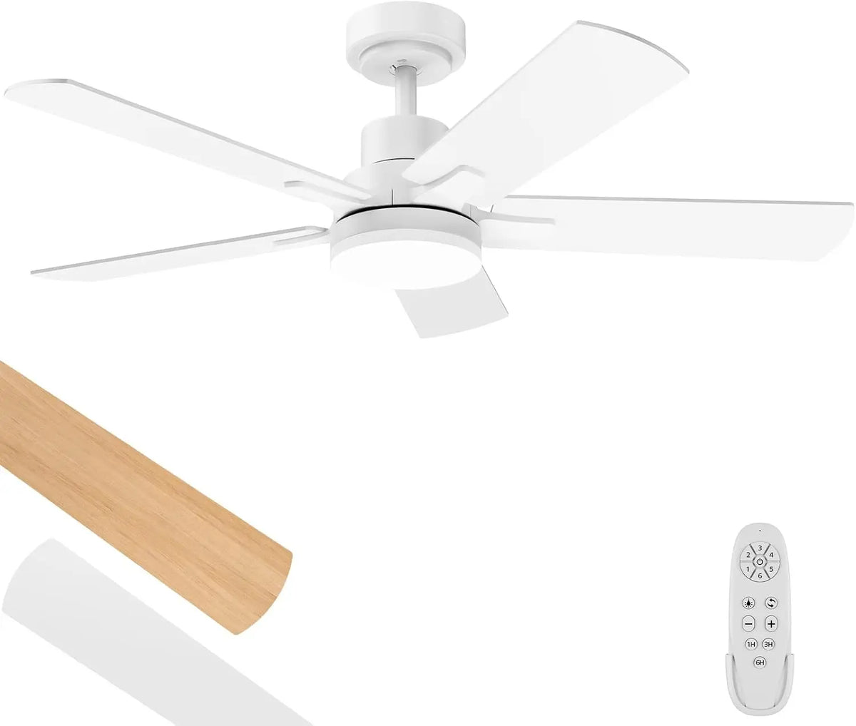 Ceiling Fan With Light 42-Inch, Remote Control Reversible DC Motors, 3CCT Dimmable Timer Noiseless, White Ceiling Fan for Bedroom Living Room