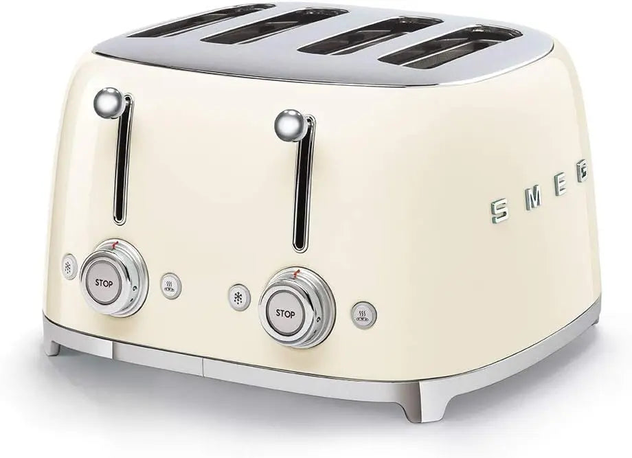 SMEG 4 Slice Toaster TSF03, Retro Stainless-Steel Toaster with Wide Slots for Bagels, 6 Browning Levels, Dual Controls, 1800W, TSF03CRUS, Cream