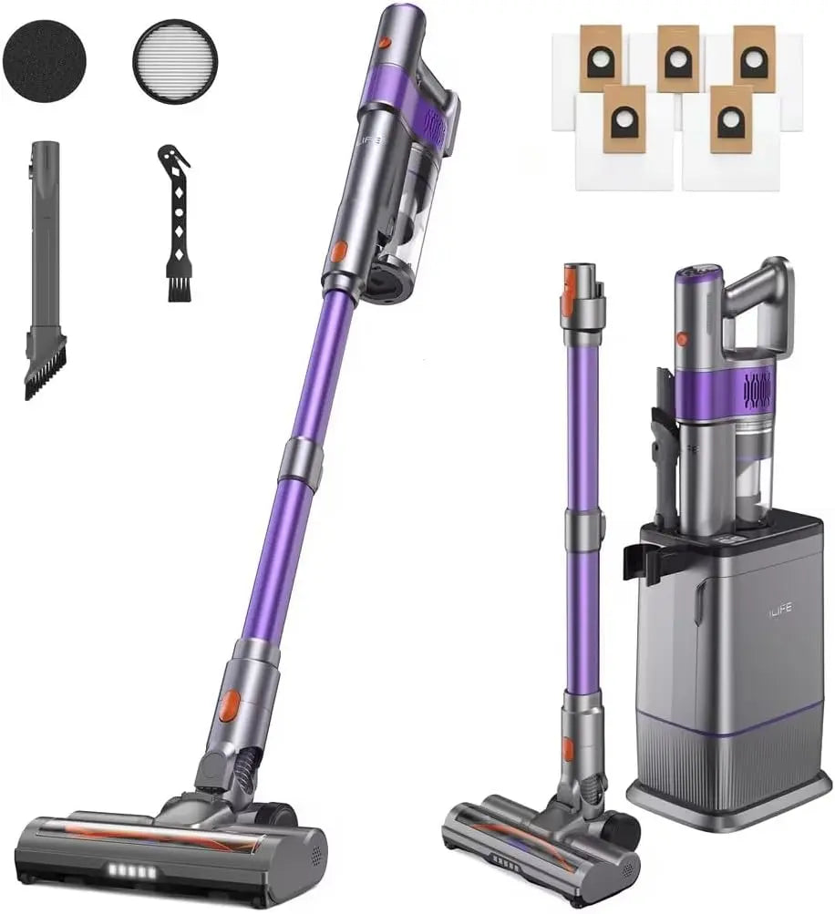 ILIFE Cordless Stick Vacuum Cleaner with Auto-Empty System for Pet Hair, LED Lighting