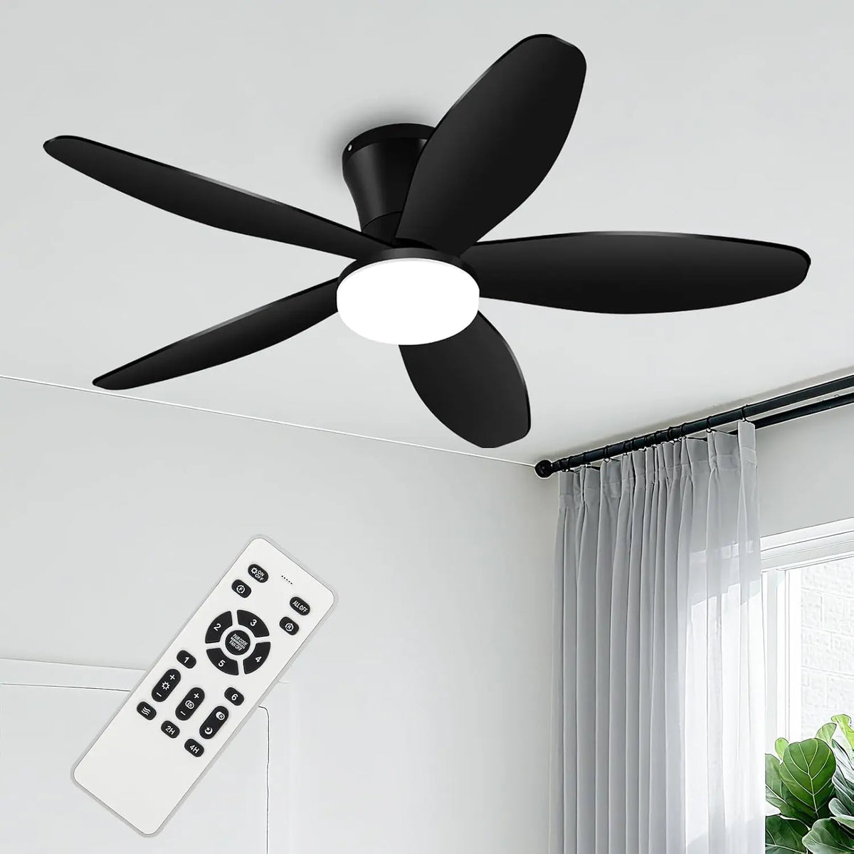 Ceiling Fans with Lights, 42 Inch Low Profile Flush Ceiling Fan with Light and Remote Control, 3CCT, Black Ceiling Fans for Bedroom Indoor/Outdoor Use