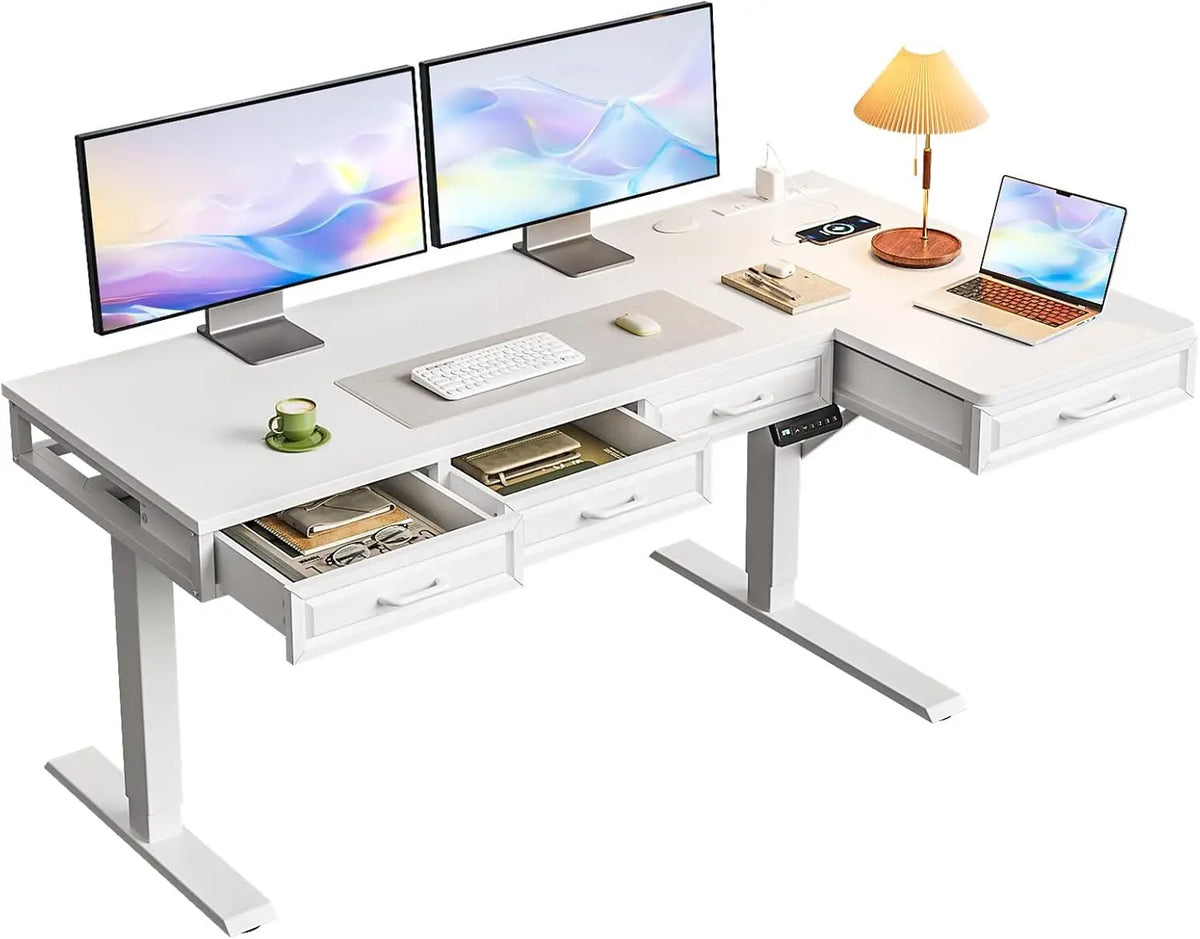 OffiGo 55 Inch L Shaped Standing Desk with 4 Wooden Drawers - White