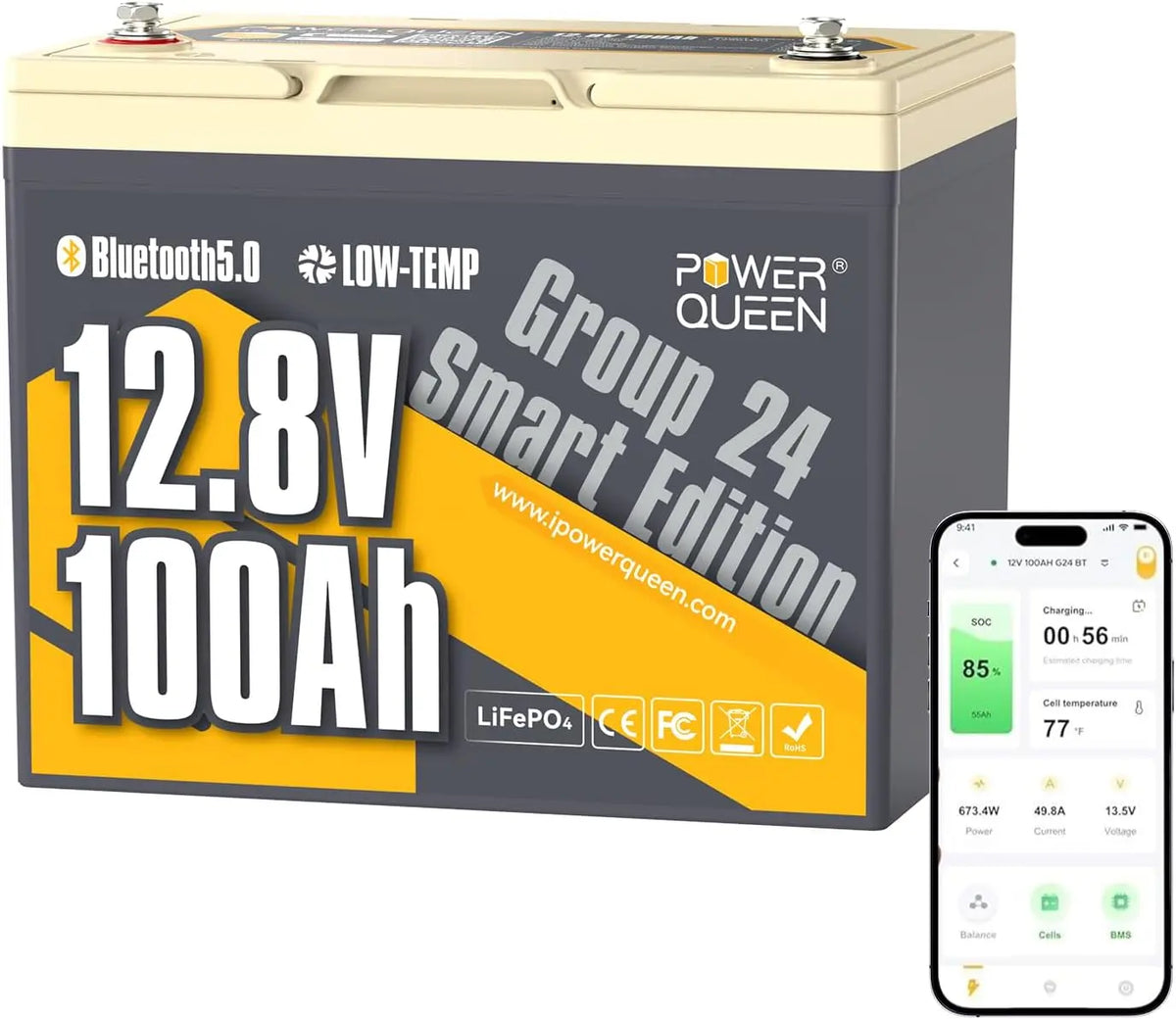 Power 12V Queen 100Ah LiFePO4 Battery, Group 24, Bluetooth for RV Marine