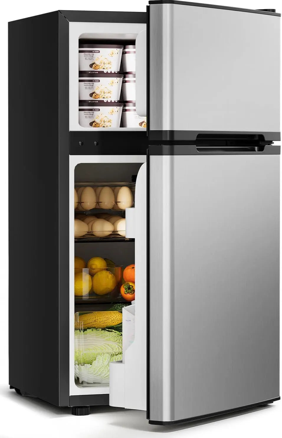 Feelfunn 3.2 Cu. Ft. Mini Fridge with Freezer, 2 Door Dorm Fridge, Silver, LED Lighting, Adjustable Temperature