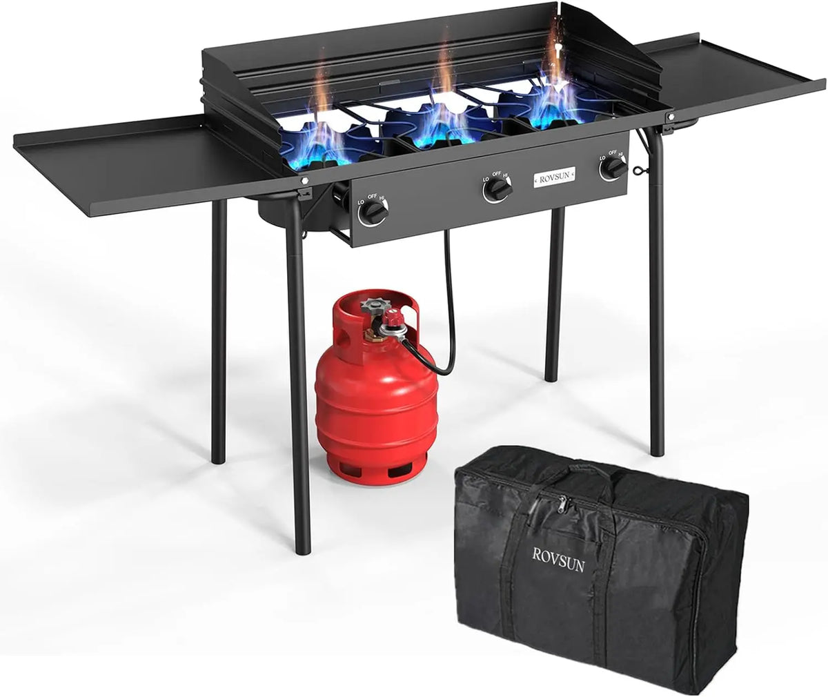 ROVSUN 3 Burner Outdoor Propane Gas Stove with Windscreen - 2 Shelves & Bag