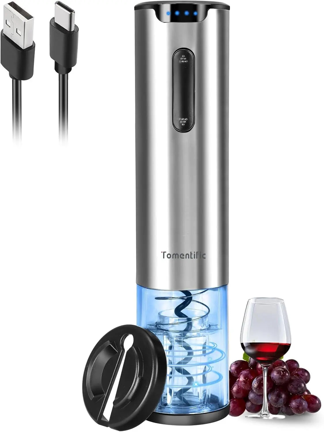 Electric Wine Opener Tomentific, Rechargeable Automatic Wine Corkscrew Bottle Opener With Foil Cutter