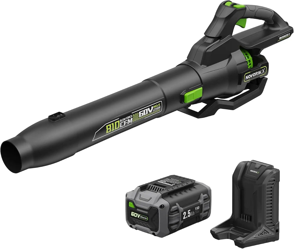 NovorikX 60V Cordless Leaf Blower with 2.5Ah Battery and Charger, 810 CFM 190 MPH Turbo, Brushless Motor, Variable Speed Dial