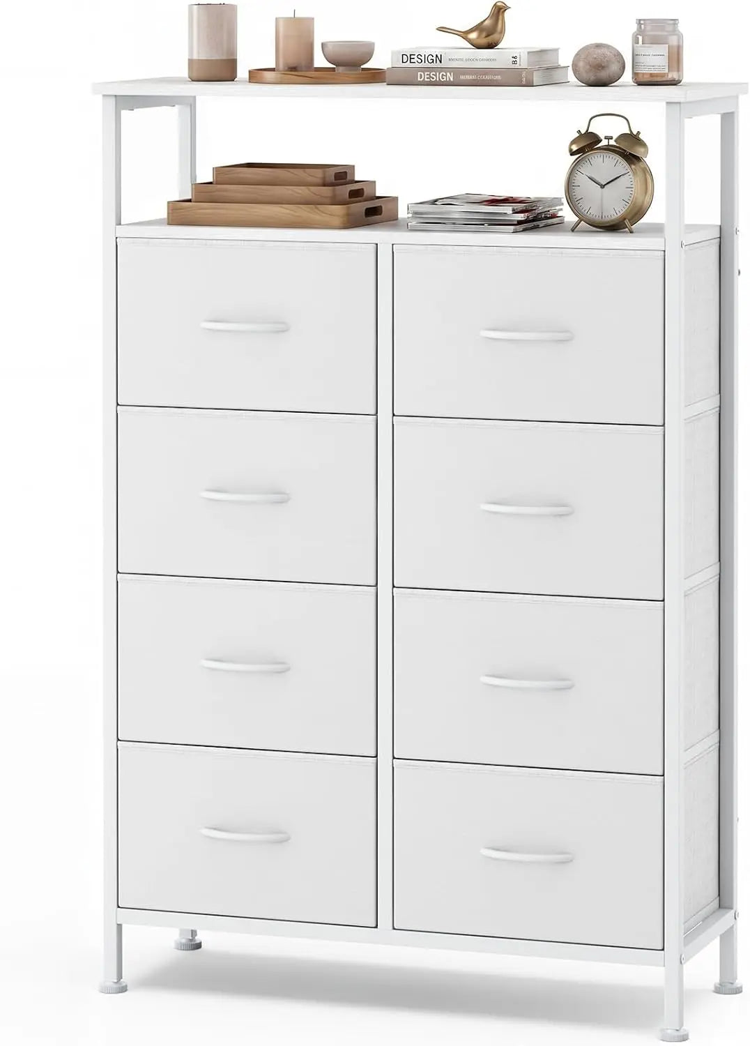 OLIXIS 8 Drawers Fabric Dresser - Raised Shelf Tall Chest of Drawers, White