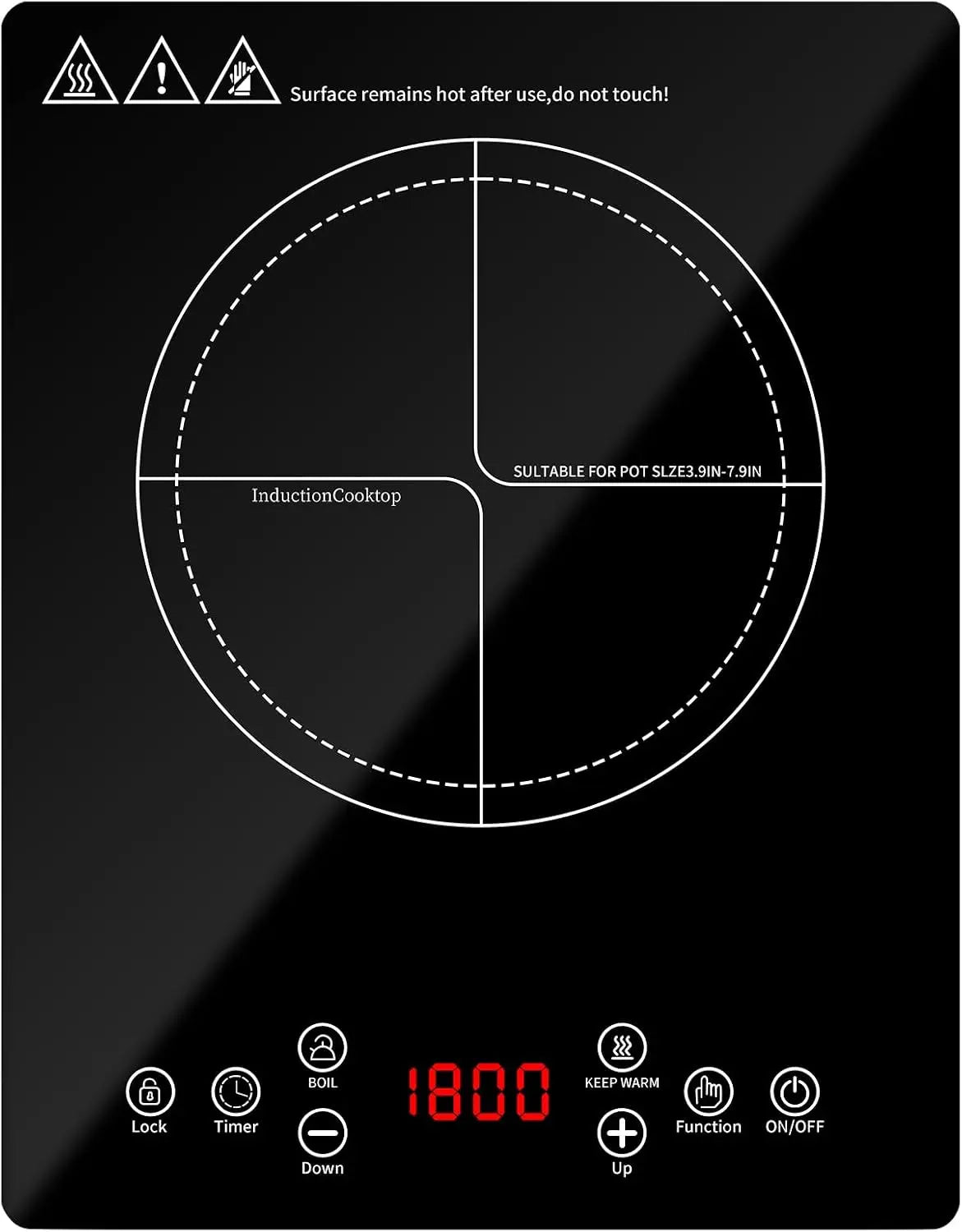 Portable induction Cooktop, 1800W Single Induction Cooktop, 9 Levels, 10H, Safety Lock, 110V single burner induction Cooktop, Timer
