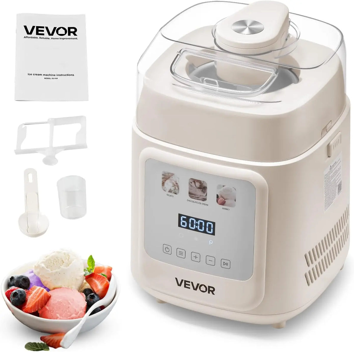 VEVOR Upright Automatic Ice Cream Maker with Built-in Compressor, 1 Quart No Pre-freezing Gelato Maker & Frozen Yogurt Machine