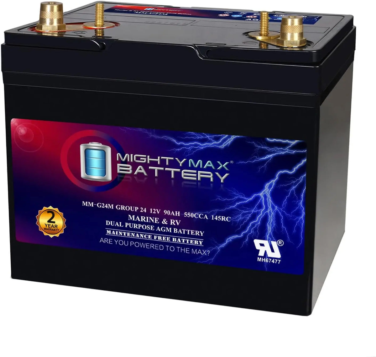 Mighty Max Battery MM-G24M, 12V 90Ah, Group Size 24M Deep-Cycle Marine AGM, Dual-Purpose Starting & Deep Discharge, 550 CCA, 700 MCA, 145 RC