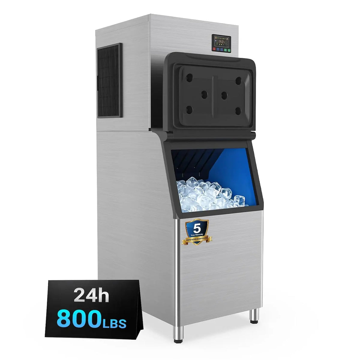 ETL-Certified Commercial Ice Machine 800LBS/24H, with 650LBS Bin, Ice Ready in 5-15 Min, 30 Levels of Ice Thick Adjustable, Stainless Steel, Timer