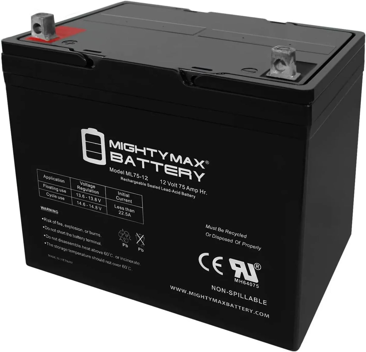 Mighty Max Battery 75Ah 12V, AGM, Replacement Battery Compatible with Universal UB12750