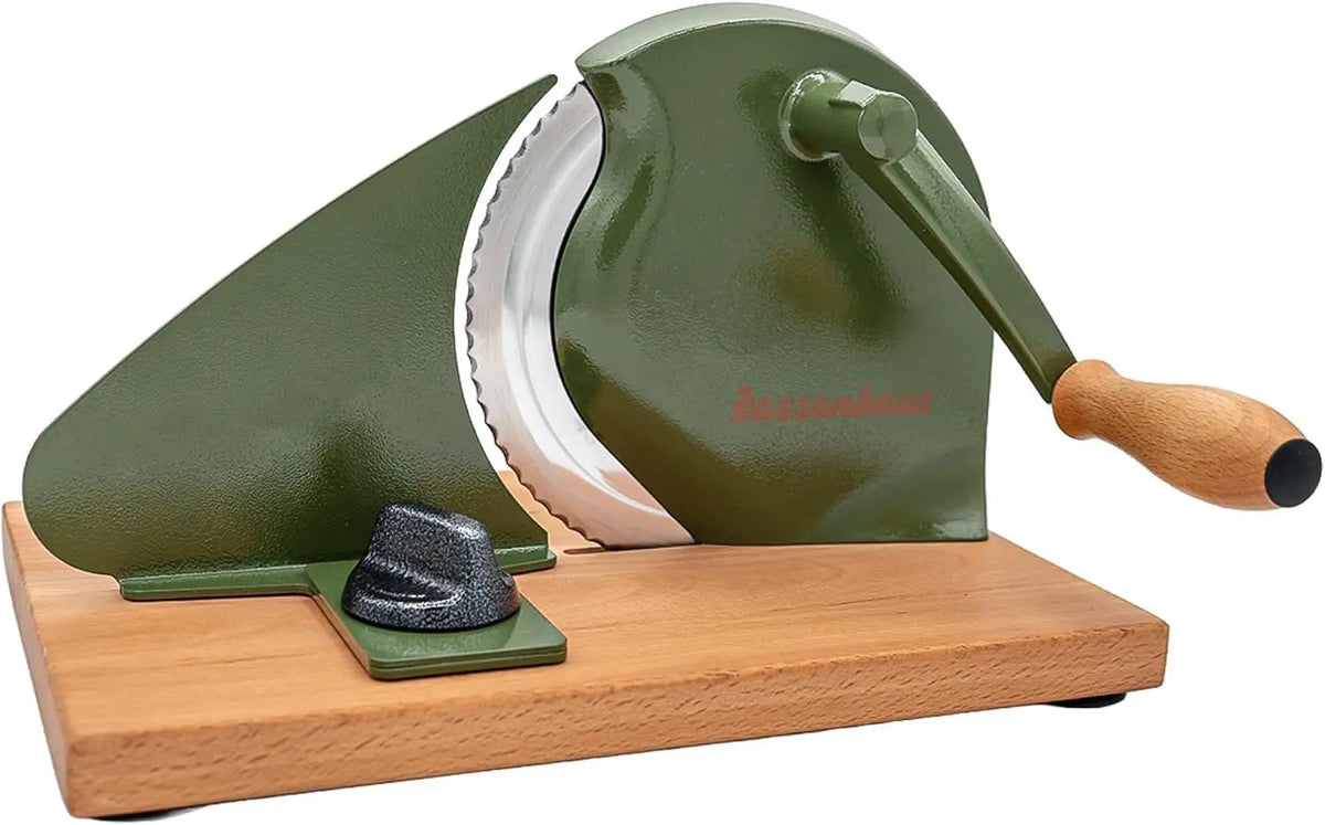 Zassenhaus Original Classic Adjustable Bread Slicer for Uniform Slices, 18/8 Stainless Steel Blade Sourdough Cutter -Cyprus Green, 11.75 Inch x 8 Inch