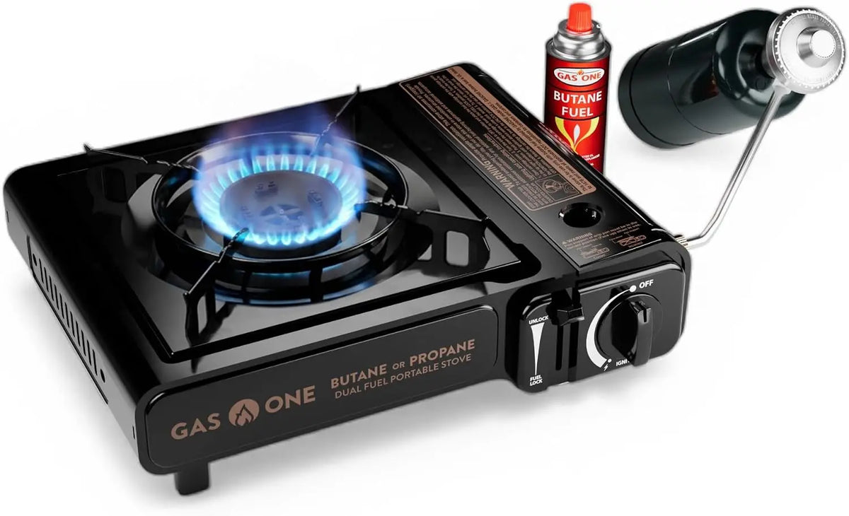 GasOne 10,000 BTU Dual Fuel Camp Stove, Butane and Propane Burner Portable Stove Camping Grill with Adjustable Heat Dial, Carry Case
