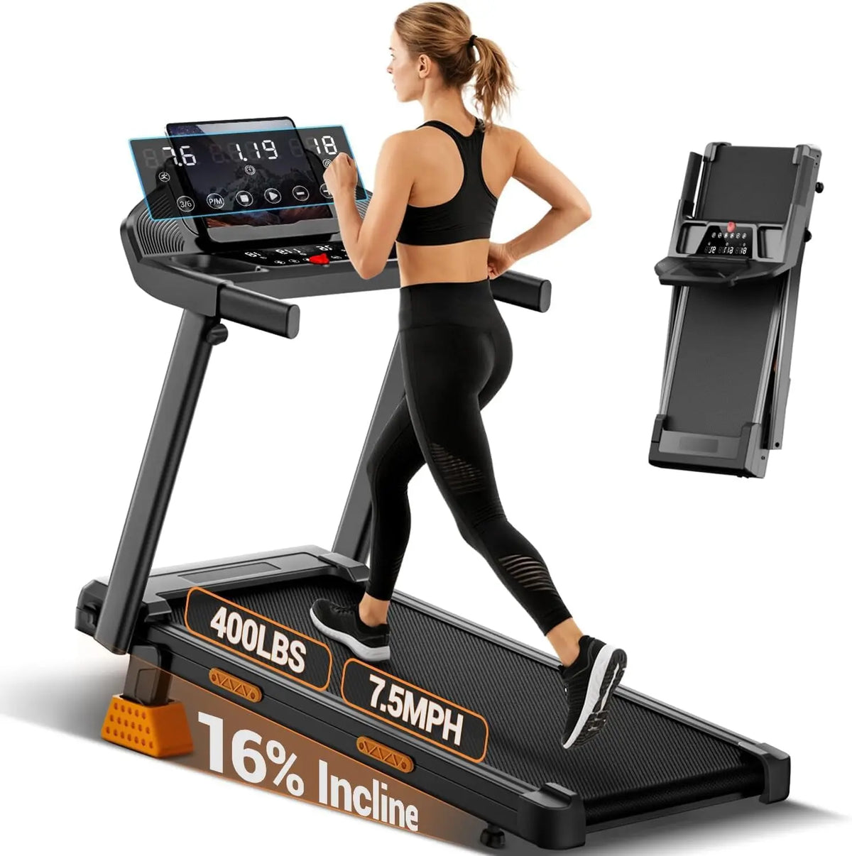 CURSOR FITNESS 16% Incline Treadmills for Home, 400 LBS Portable Walking Pad, Brushless Motor, LED Display
