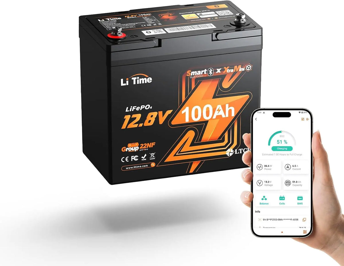 Litime 12V 100Ah Xtra-Mini LiFePO4 Battery for RV, Camper, Trolling Motor, Bluetooth Connectivity
