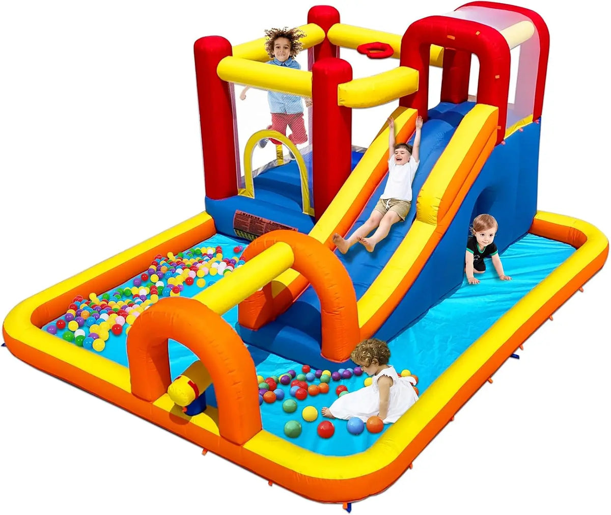 Baralir Inflatable Bounce House Water Park with Long Water Slide & Large Splash Pool Fits 5 Kids, Endless Fun of Jumping, Sliding, Climbing