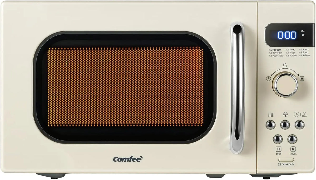 COMFEE' Retro Microwave Oven, 0.7 Cu. Ft., 700W, Cream, 9 Preset Menus, Timer