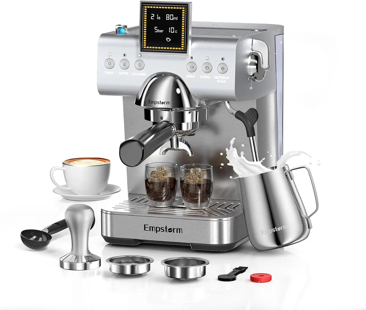 Empstorm CB2 20 Bar Espresso Machine with Milk Frother Steam 1350W Silver, Removable Water Tank, Stainless Steel Construction