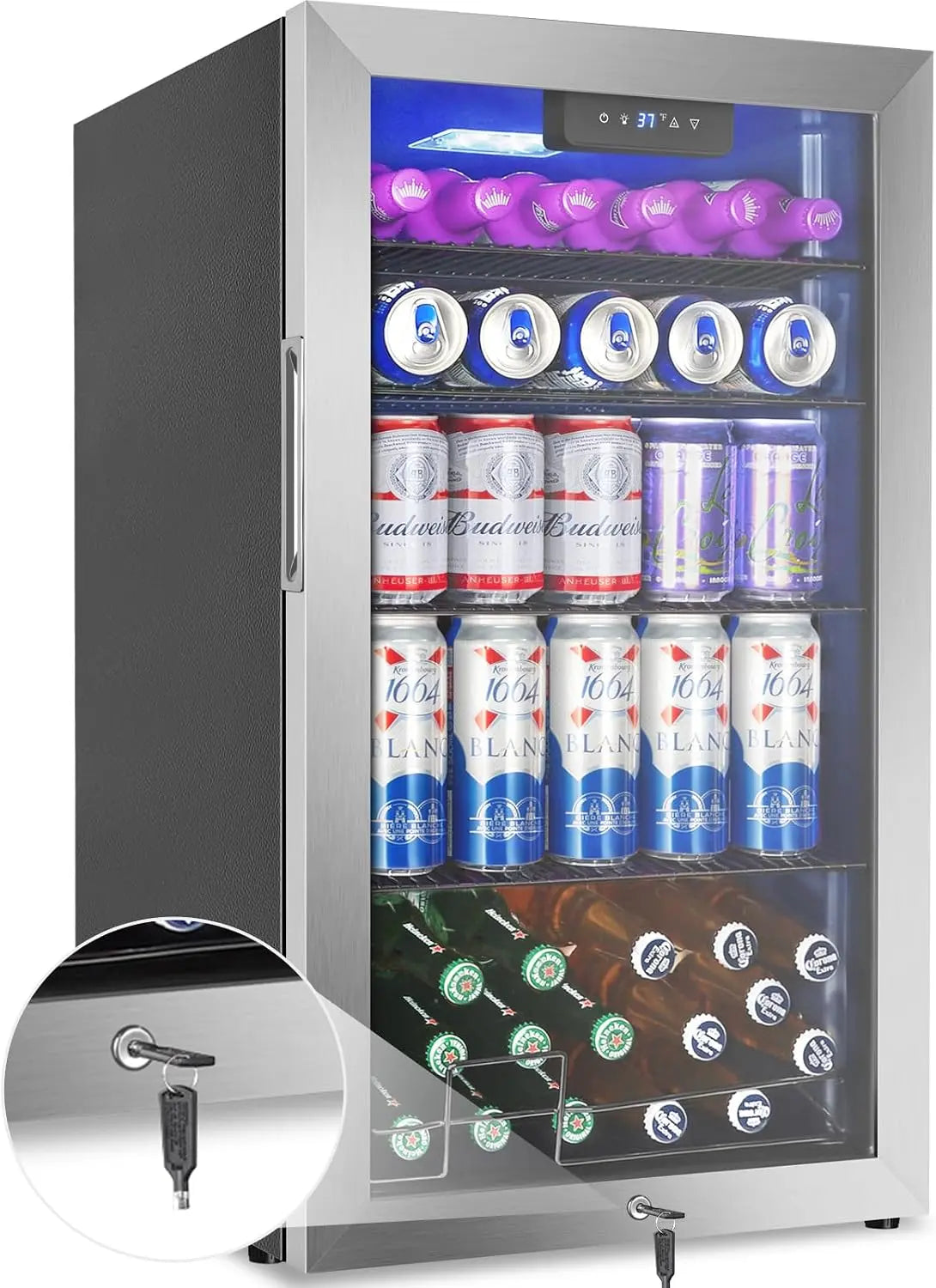 Beverage Refrigerator Mini Fridge 128can Stainless Glass Door Lock Home, LED Lighting, Touch Controls