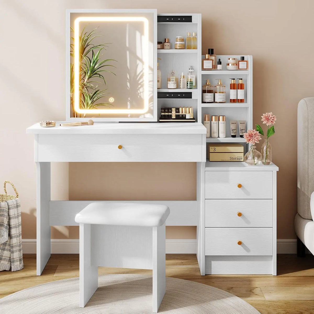Memobarco White Makeup Vanity Desk, with Sliding Mirror & 4 Drawers