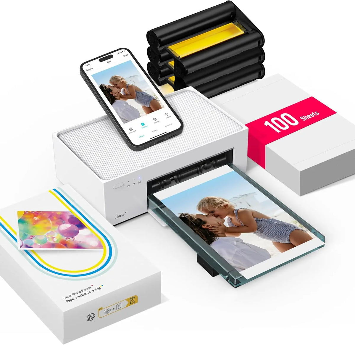 Liene M100 4x6'' Photo Printer, Phone Printer 100 Sheets & 3 Cartridges, Full-Color Photo, Thermal Dye Sublimation, Wi-Fi Picture Printer 100 Papers