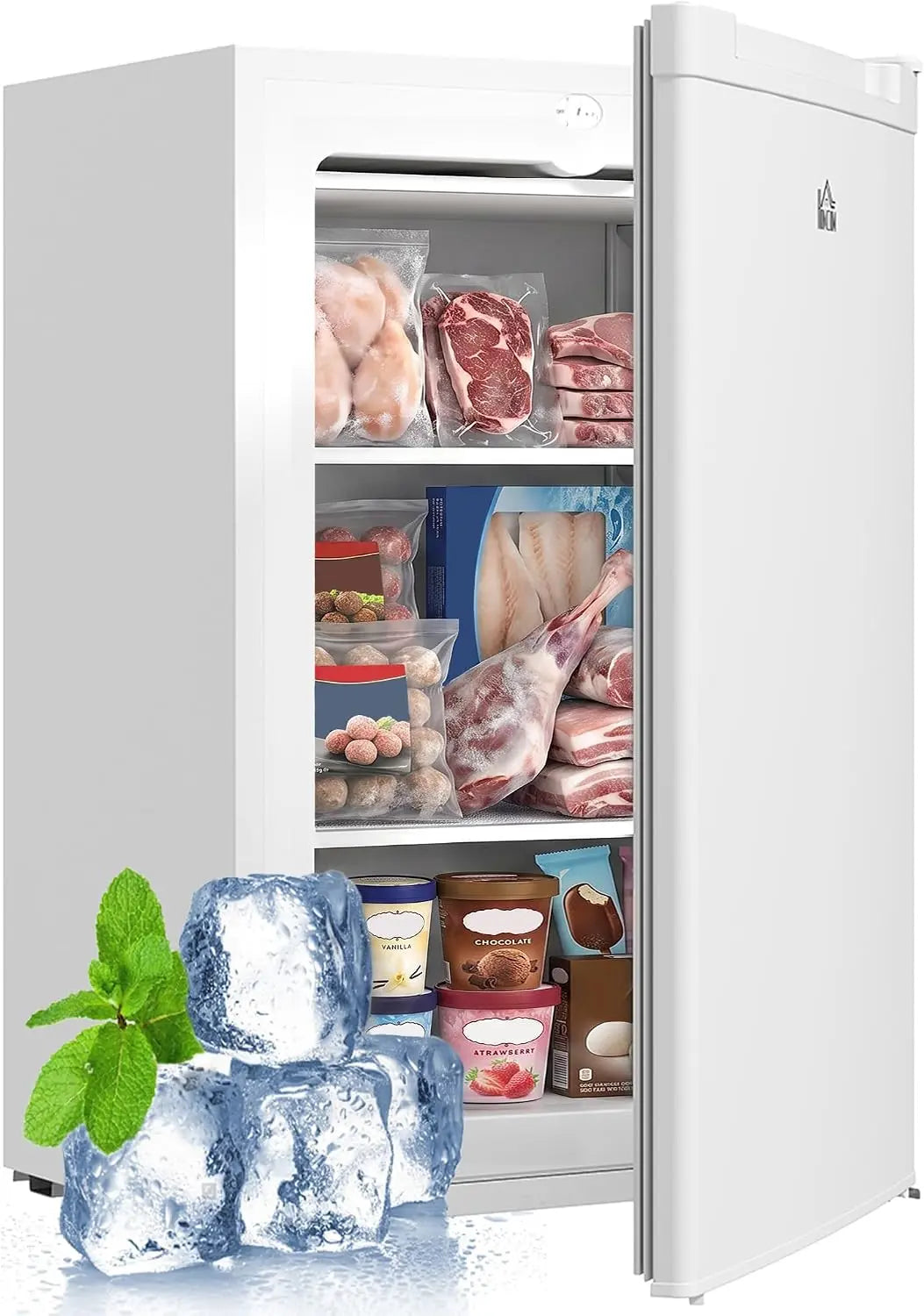 HOMCOM Mini Freezer Countertop 3 Cu. Ft. Reversible Door 3 Shelves White, Adjustable Temperature