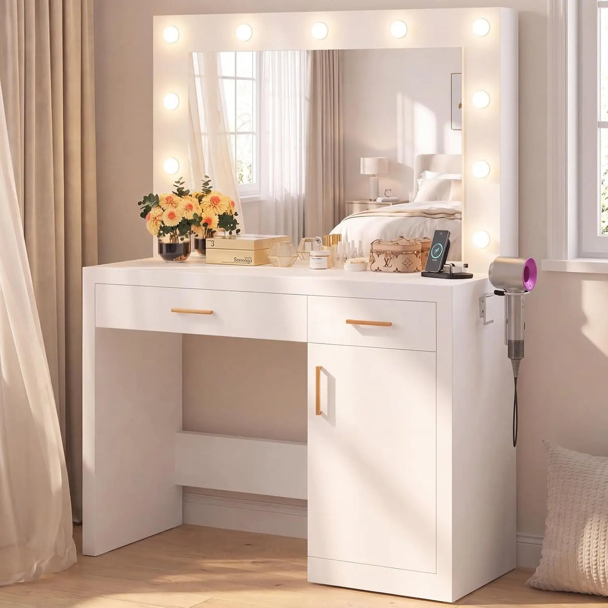 DUMOS Makeup Vanity Desk with Mirror and Lights - Charging Station
