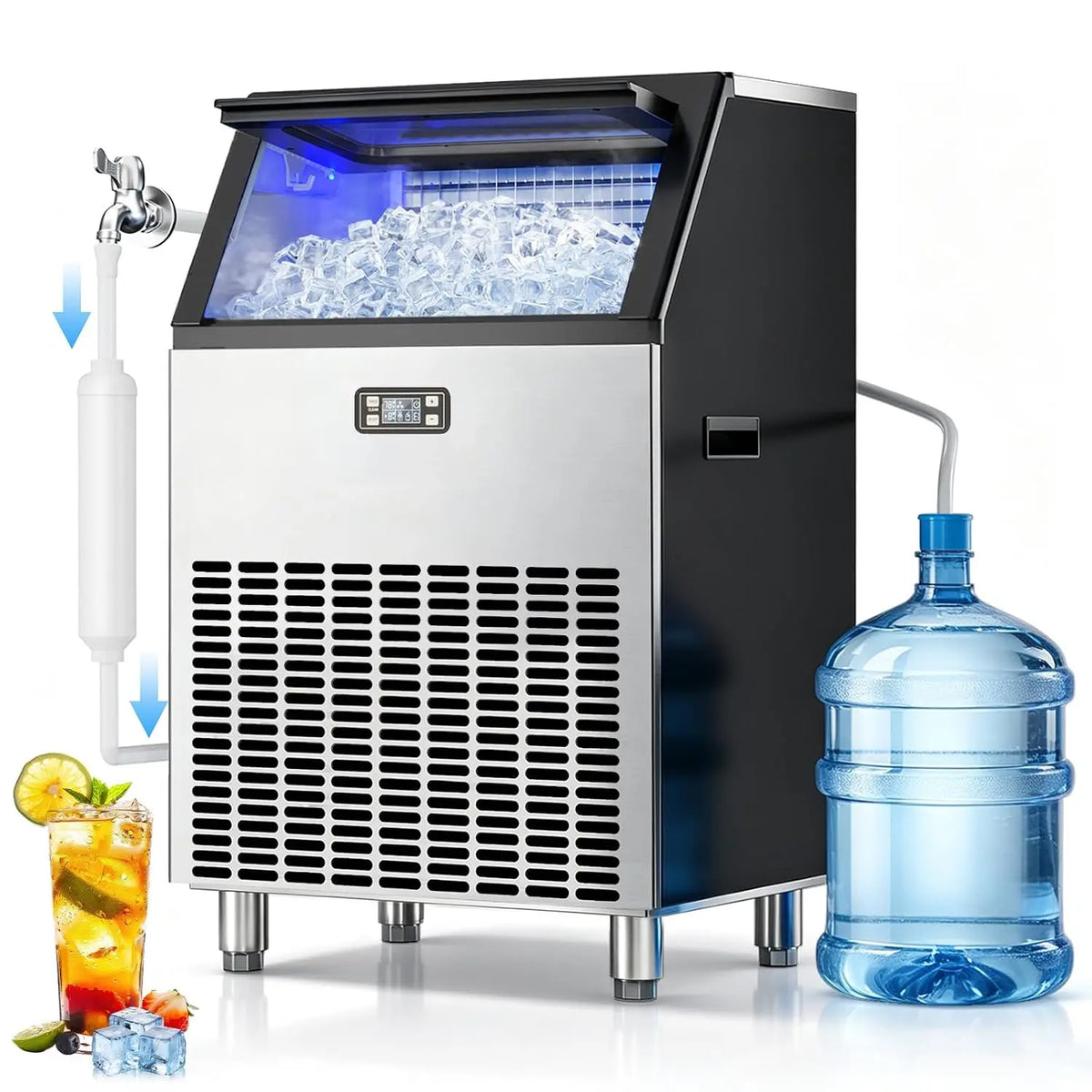 Mojgar Commercial Ice Maker, 350 LB/24H 70 LB Storage Bin, Stainless Steel, LED Lighting, Timer