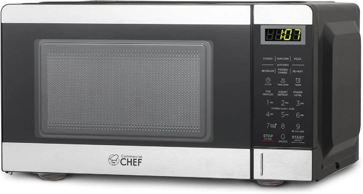 Commercial Chef 0.7 Cu. Ft. Countertop Microwave Oven, CHM770S, Stainless, LED Lighting, Timer