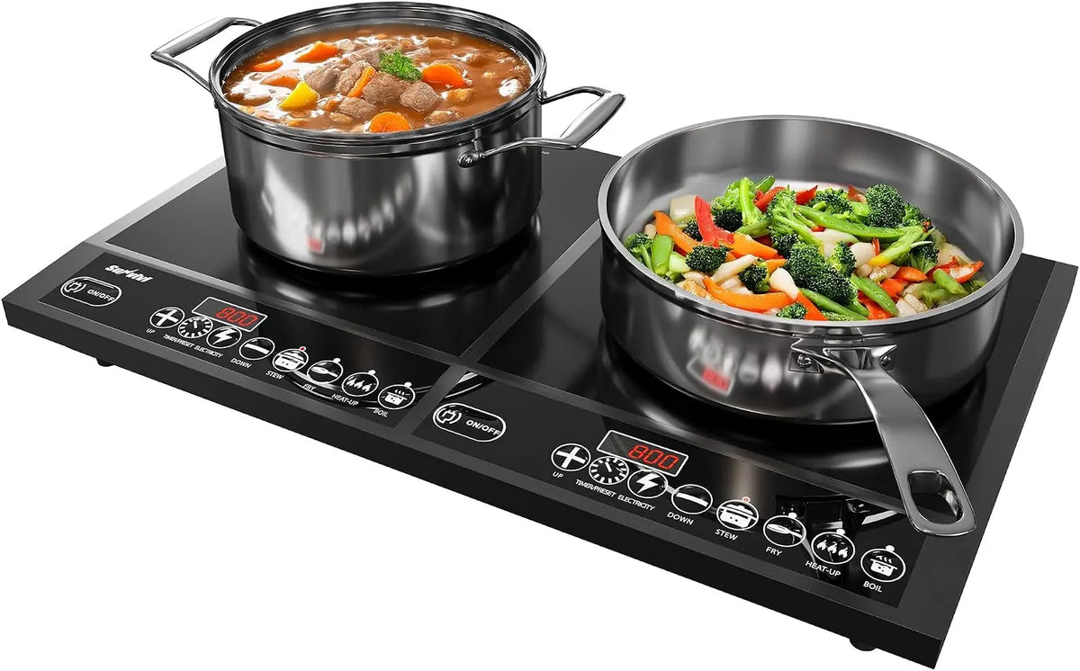 Sunvivi Portable Induction Cooktop: 2 Burners in 1, 8 Power Levels & Precise Temp Control 176°F-518°F, Independent Timer, Black