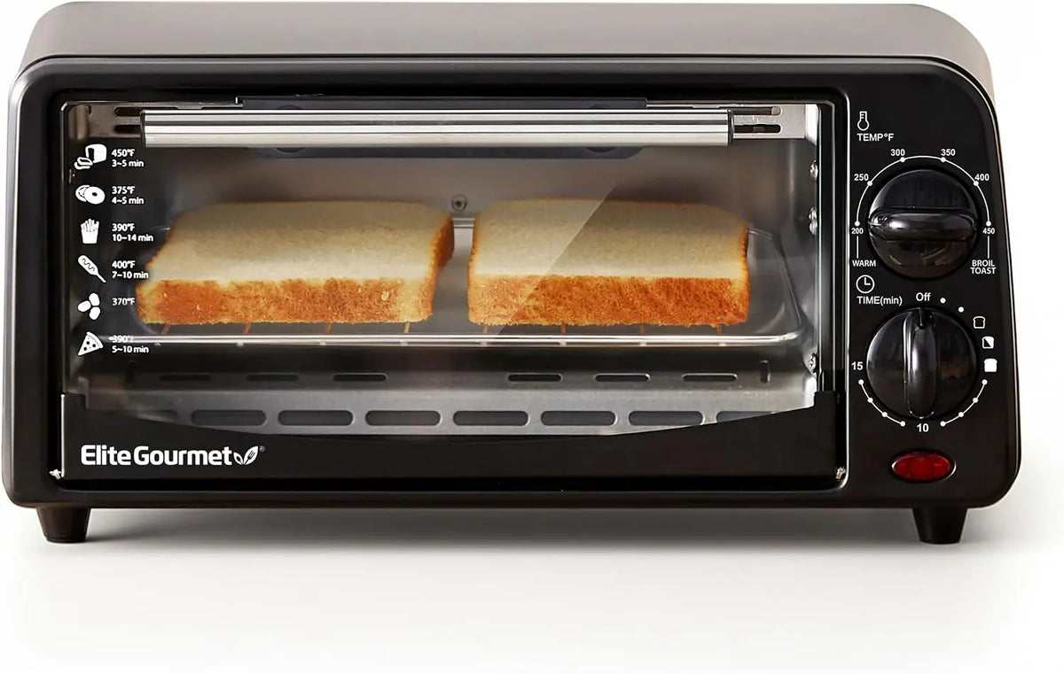 Elite Gourmet ETO236 Compact 2-Slice Toaster Oven, 15-Min Timer, Black, Adjustable Temperature