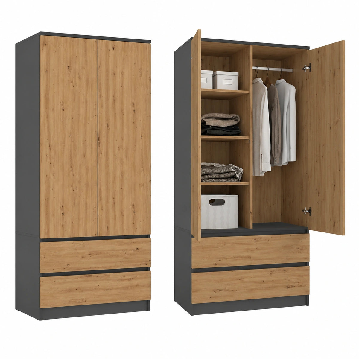 Armoire, avec tiroirs, avec portes, en chêne et panneaux de bois, coloris anthracite, pour la chambre