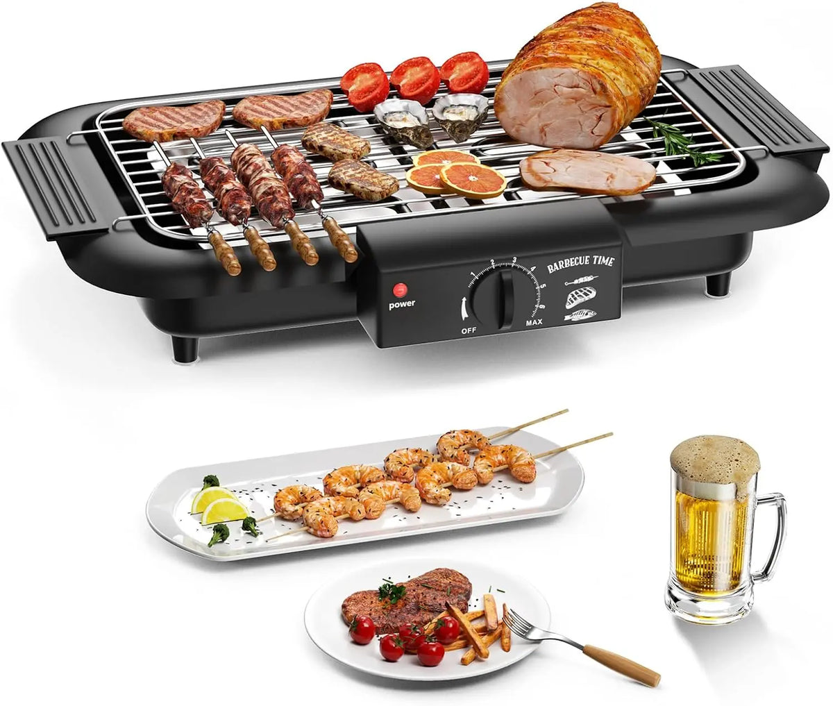 Electric BBQ Grill, 2000W Double tube High Power Portable Removable Stand Grill for BBQ Party Elegant Black, Adjustable Temperature