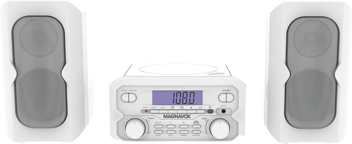 Magnavox 3-Piece Compact CD Shelf System with Digital FM Stereo Radio, Bluetooth Wireless Technology, and Remote Control in White, LCD Display