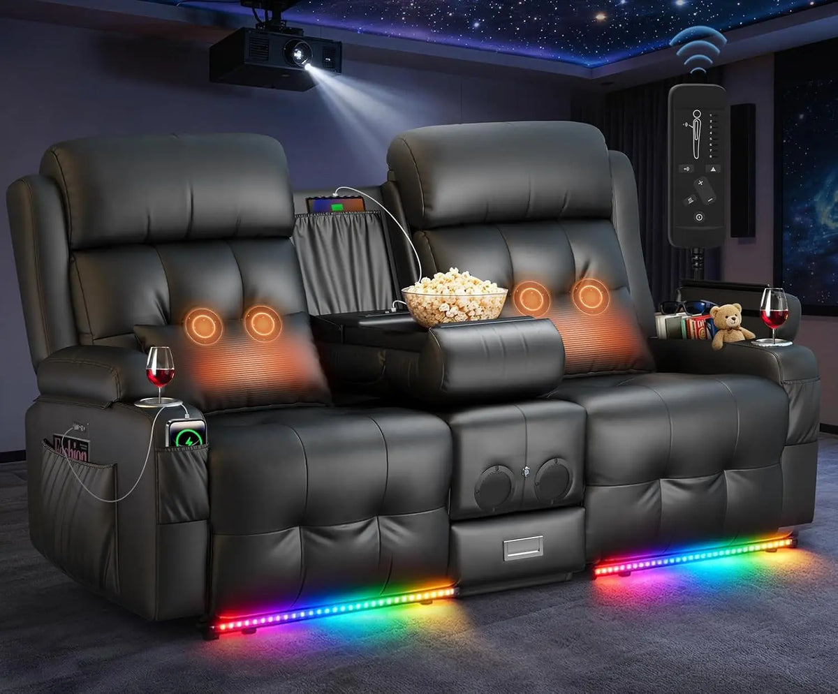 Home Theater Seating, Power Loveseat Recliner Sofa with Massage & Heat, Bluetooth Connectivity