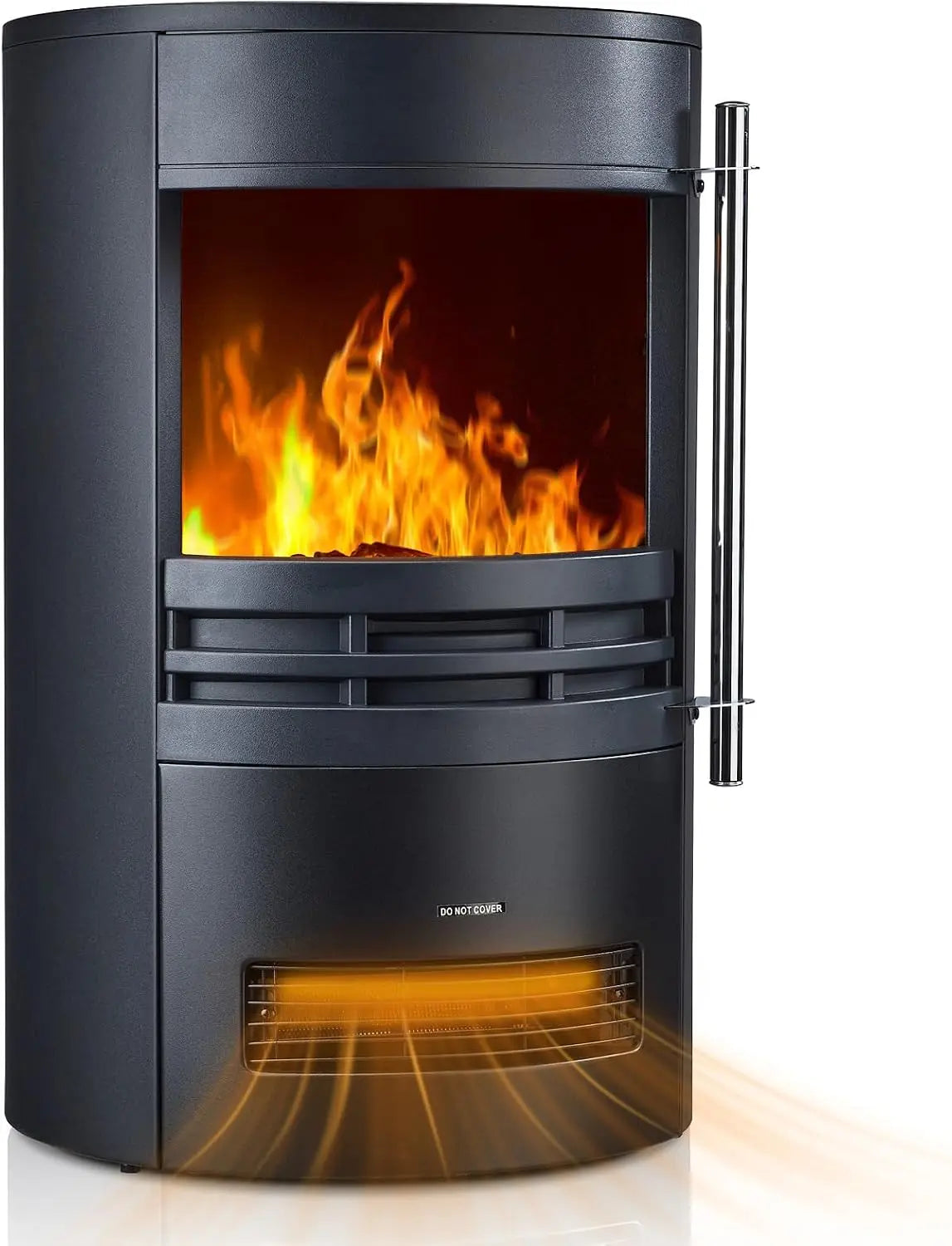 Freestanding Electric Fireplace Stove, 1500W Heater with Realistic 3D LED Log Flame, 2 Heat Settings, Black Cast Iron Design for Indoor Use, Timer