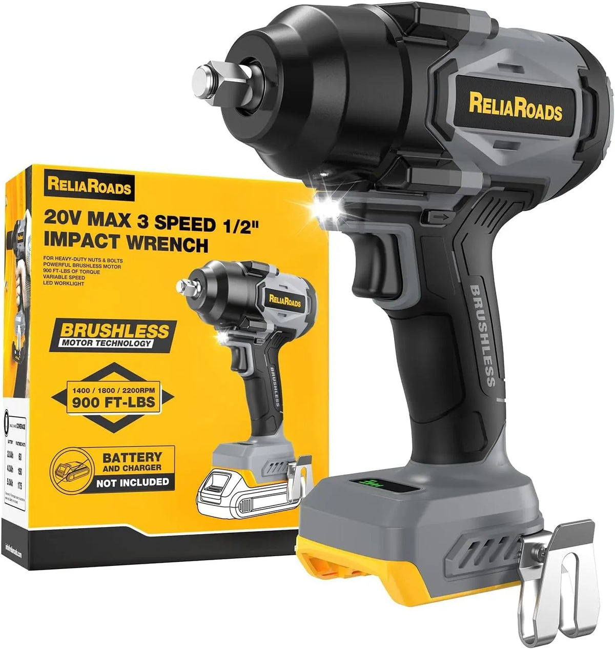1/2 Inch Cordless Impact Wrench, 900 ft-lbs, Compatible with DeWalt 20V Battery, Brushless Motor, LED Lighting