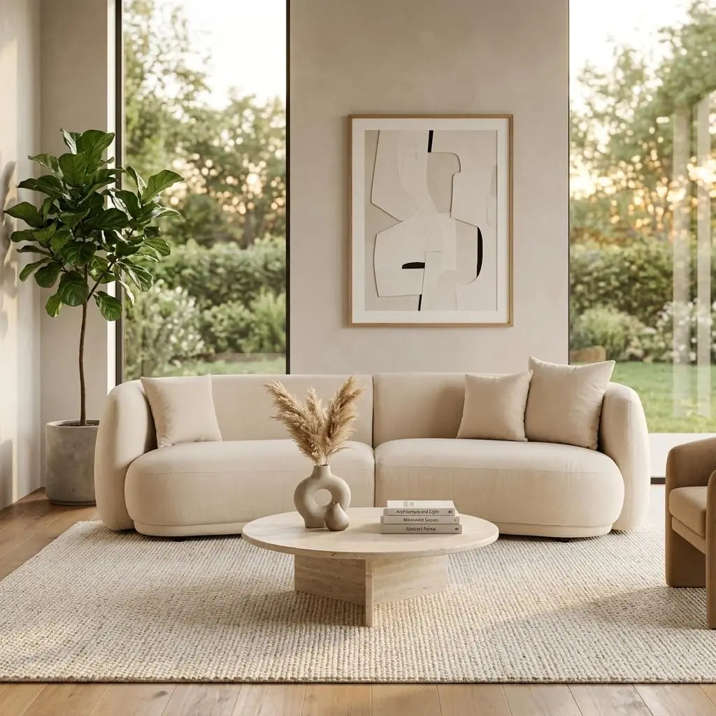 Sagebrook Home 117 Inch Luxury Curved 5 Seat Sofa Ivory/Beige Sofa, Minimalist Mid Century Modern Sectional with 2 Accent Pillows Living Room