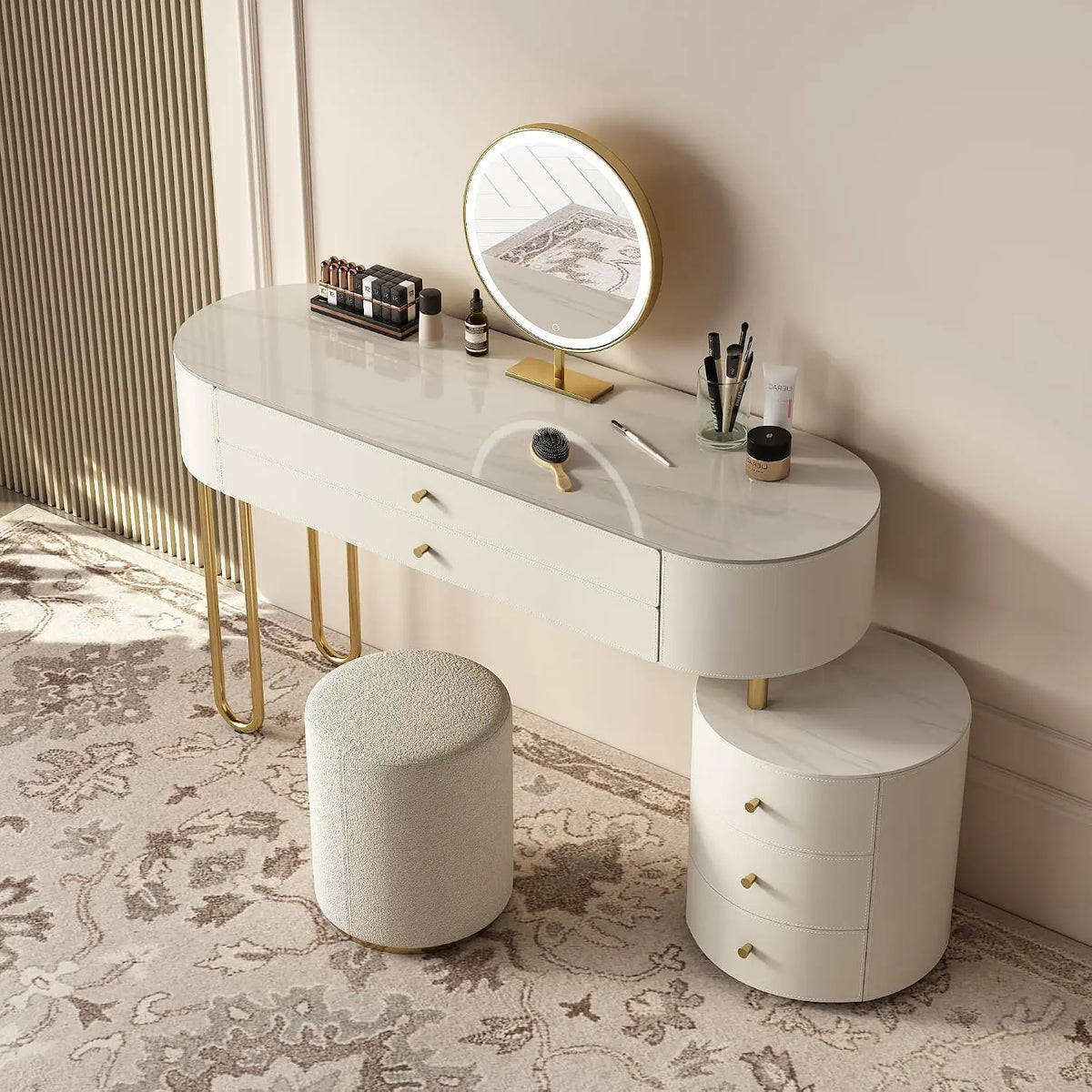 Lartis Jahnea Vanity-Elegant Set: Saddle Leather-Finished Top Vanity Table & Stool, Stainless Steel Support, Reversible Installation