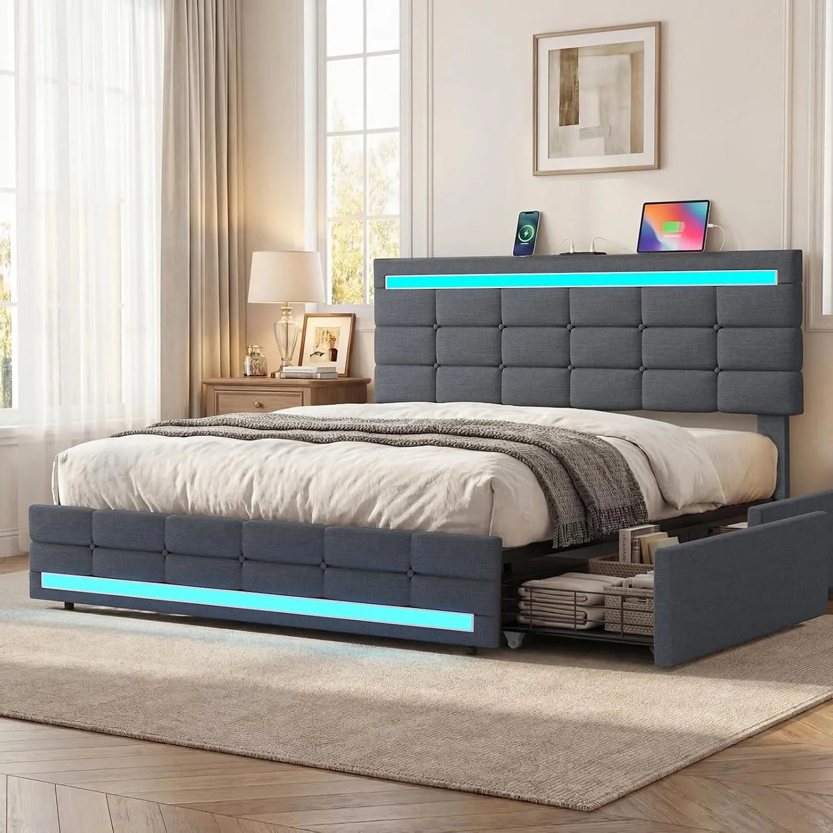 ADORNEVE Queen Bed Frame with 4 Storage Drawers and Charging Station, LED Lighting, Remote Control
