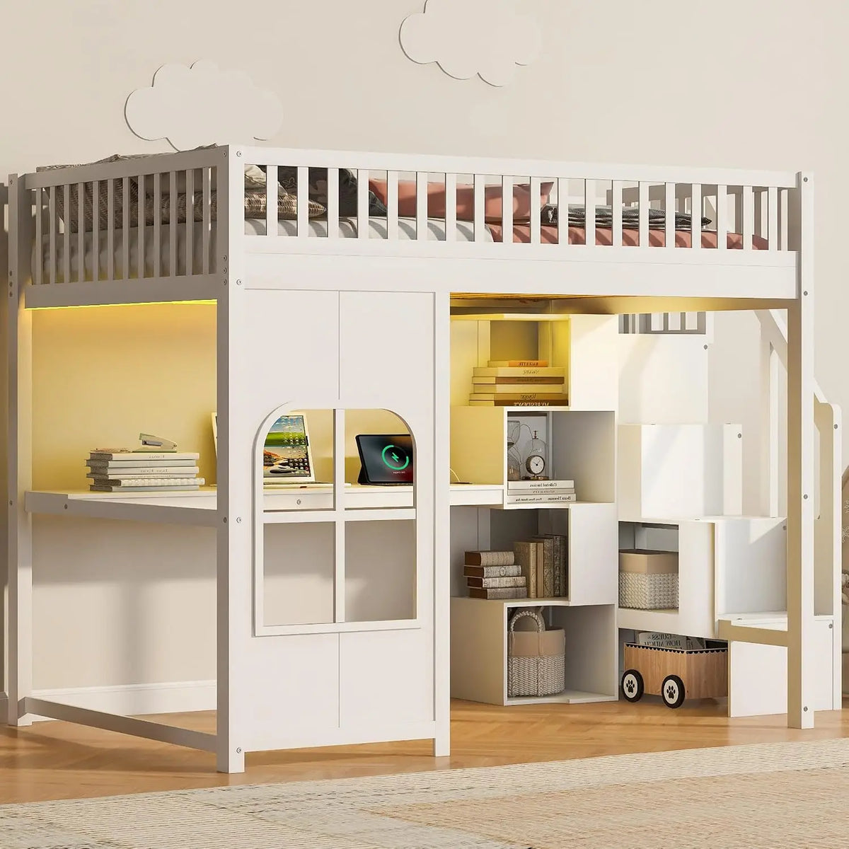 Merax Full Size Loft Bed with Storage Staircase, LED Strip, USB Port, White, LED Lighting