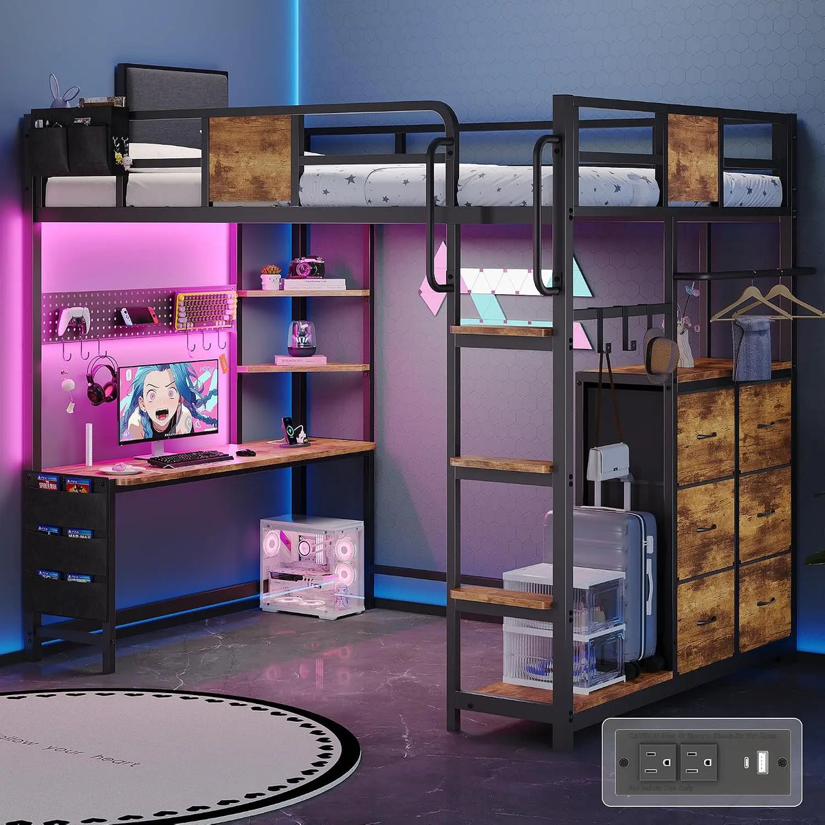 Dnxao Twin Loft Bed with Desk and 6 Storage Drawers for Teens, Rustic Brown, LED Lighting