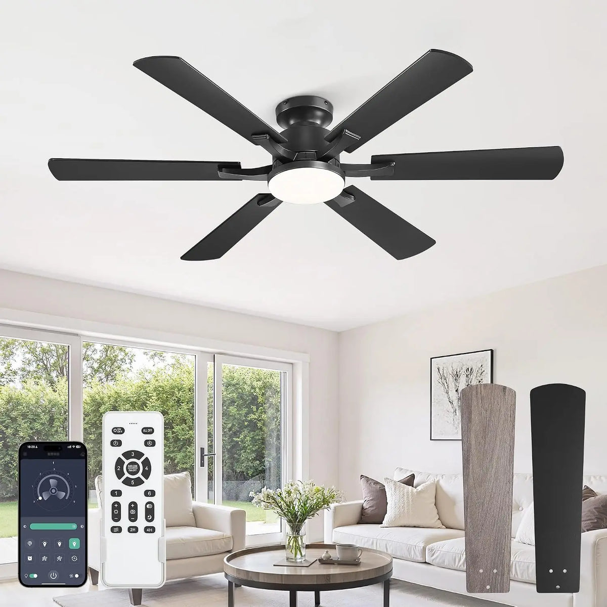 Fanbulous 52 Inch Flush Mount Ceiling Fan with 3000-6000K Dimmable Lights, LED Lighting, Timer