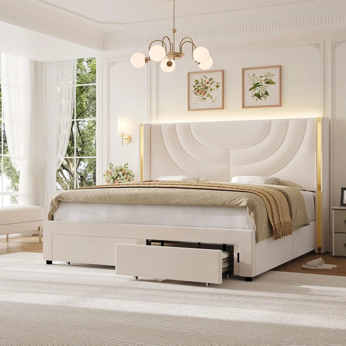 HITHOS Queen Upholstered Platform Bed Frame, LED Storage Headboard, Beige, LED Lighting, Remote Control