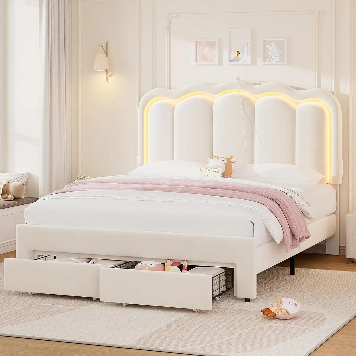 Queen Upholstered LED Bed Frame with 2 Storage Drawers and Adjustable Chic Double Wavy Headboard, Solid Wood Slats Support, Beige