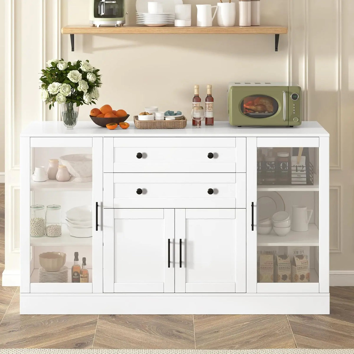 Merax Modern Buffet Cabinet with Storage, 58.3 Inch W Sideboard w/Adjustable Shelves and Drawers for Dining Room, Kitchen, Living Room, White