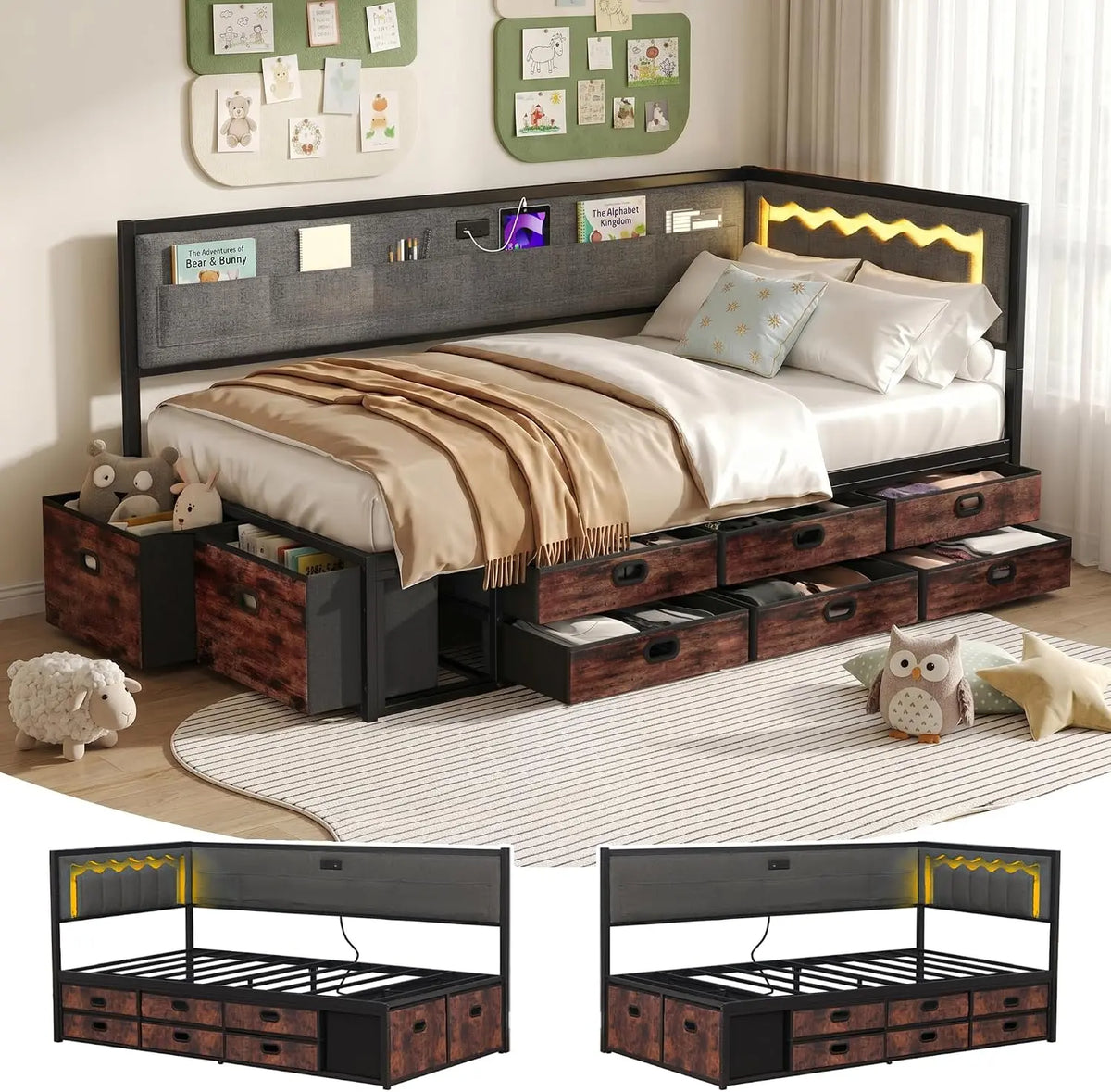 Twin Daybed with Storage, Corner Bed with 8 Fabric Drawers, Gray, Remote Control