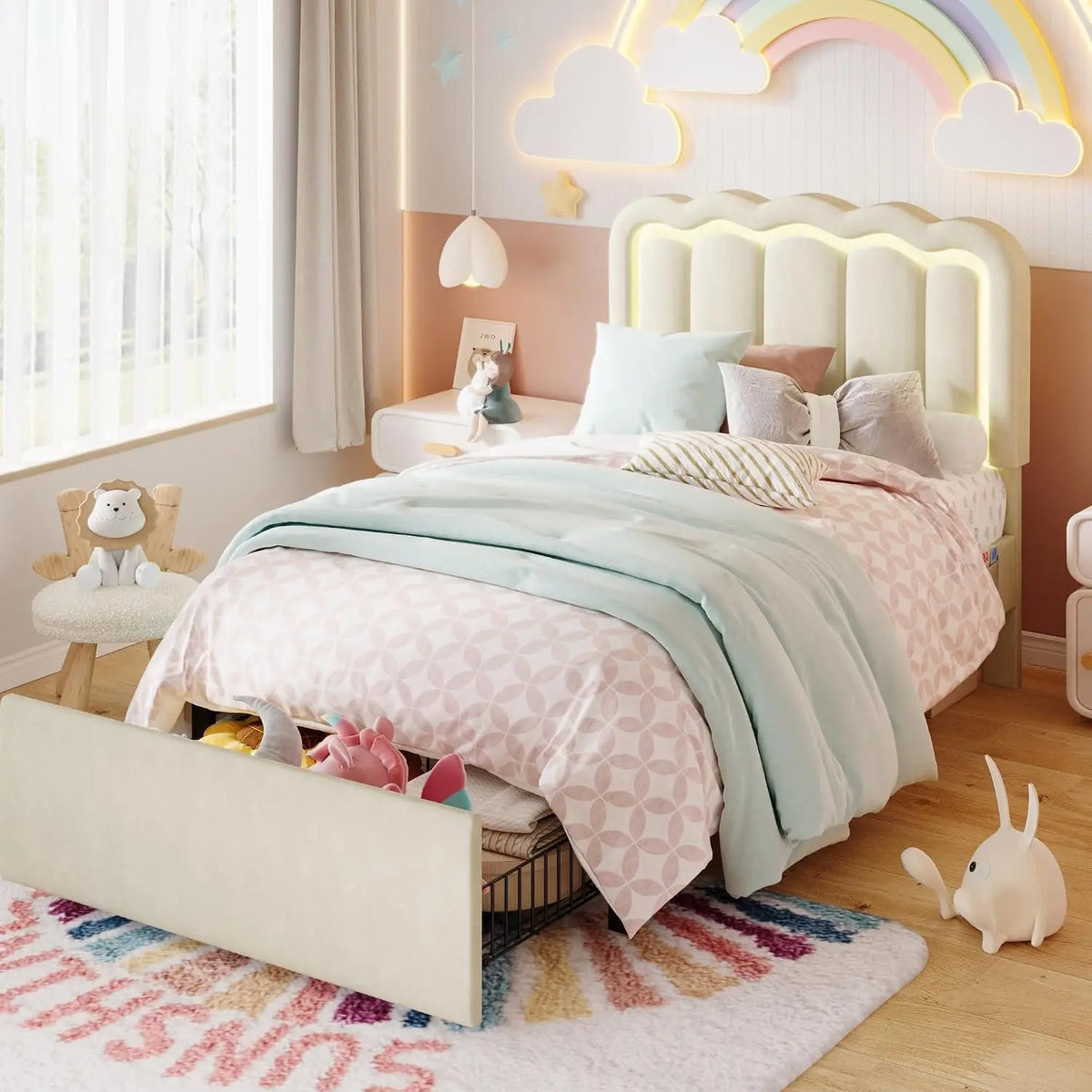 SHA CERLIN Twin Size Bed Frame with LED Lights and Storage Drawer, Cream, LED Lighting, Timer