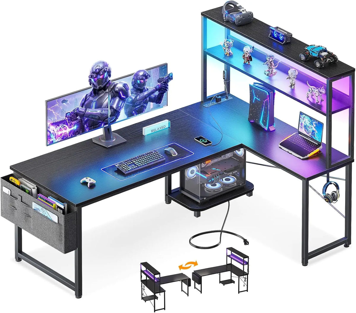 ODK 53 Inch L Shaped Gaming Desk with Shelves, LED & Outlets, Black, LED Lighting